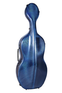 A hard-shell blue cello case with a textured, carbon fiber-like surface stands upright against a white background. The case has a curved shape to fit the instrument and a black handle on the side.