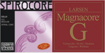 Two packages of cello strings are shown side by side. The left package is purple and labeled "Spirocore," and the right package is red and labeled "Larsen Magnacore G.