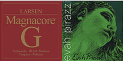 Side-by-side product images: On the left, a red square with "Larsen Magnacore G" string label; on the right, a green-toned image of a statue's face with "evah pirazzi" text, both for string instruments.