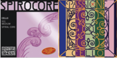 Two packages of cello strings are shown. The left package is purple with “Spirocore” in bold letters, and the right package is mainly blue and purple with decorative patterns and “Passione Cello” written on it.