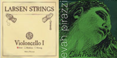 Two product packages are shown side by side. The left is a beige square labeled "Larsen Strings Violoncello I," and the right is a green square with a stylized statue image and the text "evah pirazzi.