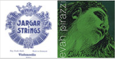 Two cello string package designs: the left shows a blue and white Jargar Strings logo with musical notes, while the right features a green-toned image of a person’s face and the words "evah pirazzi Cello" in white and green.