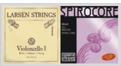 A close-up of two cello string packages side by side: the left one is labeled “Larsen Strings” with a beige background, and the right one is labeled “Spirocore” with a purple and black design.