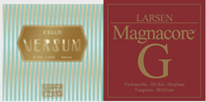 Two packages of cello strings: the left one is light blue with gold stripes and a gold label reading "Cello Versum," and the right one is dark red with gold text reading "Larsen Magnacore G.