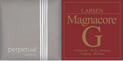 Two string packaging labels side by side. The left label is silver with the word "perpetual Medium" and white lines. The right label is red with gold text reading "LARSEN Magnacore G" and additional details below.