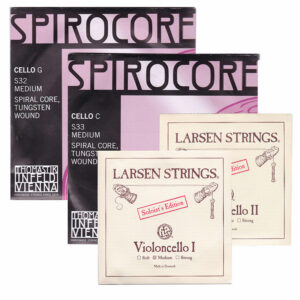 Four cello string packages are shown: Spirocore Tungsten C & G, Larsen D, and Passione A, all in their branded packaging (CS-130 set).