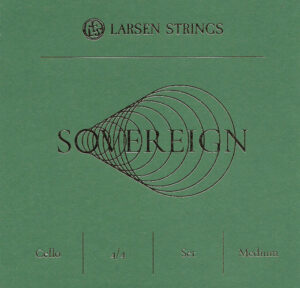 Green packaging for Larsen Strings Sovereign cello strings, 4/4 set, medium gauge. The word "Sovereign" is overlaid with a series of black concentric curves. The Larsen Strings logo appears at the top.